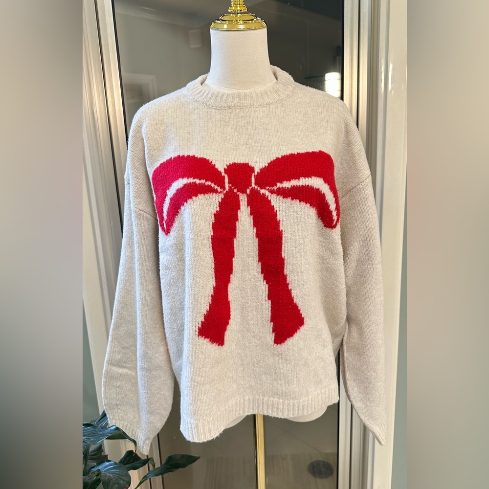 a new day Ivory Sweater with Bold Red Bow